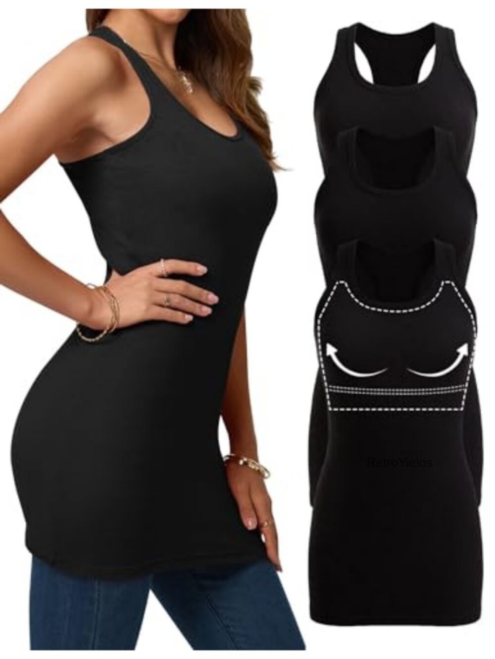 3 Pack Women's Extra Long Racerback Tank Tops with Shelf Bra - Ribbed Cotton